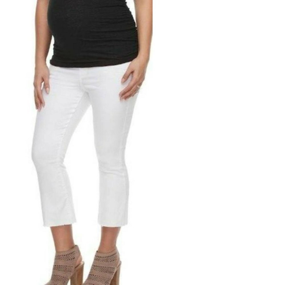 Aglow Maternity Denim Capris 14 White Full Belly Crop Pants Jeans Stretch Frayed